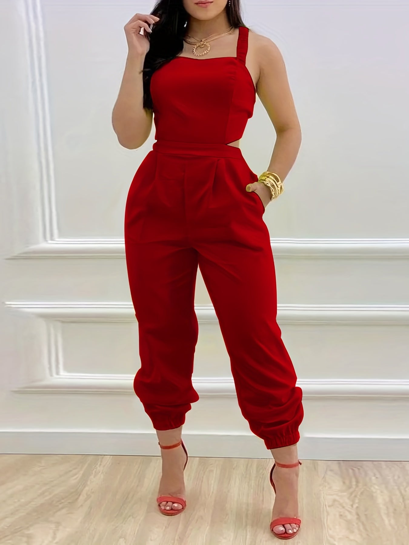 Women Backless Sleeveless Pocket Jumpsuit