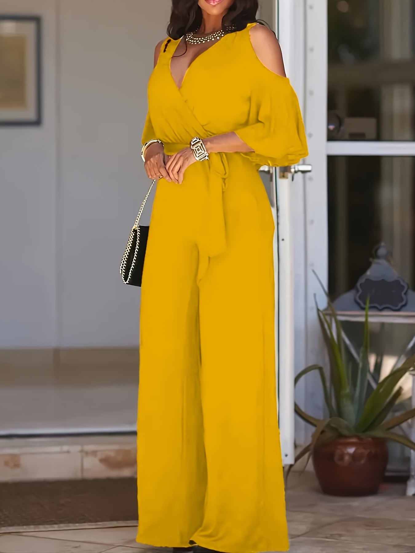 Women Cold Shoulder V-Neck Jumpsuit