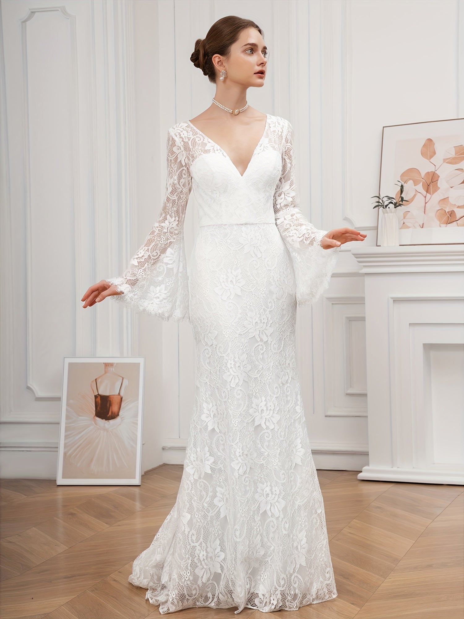 Floor-Length Lace V-Neck Wedding Dress