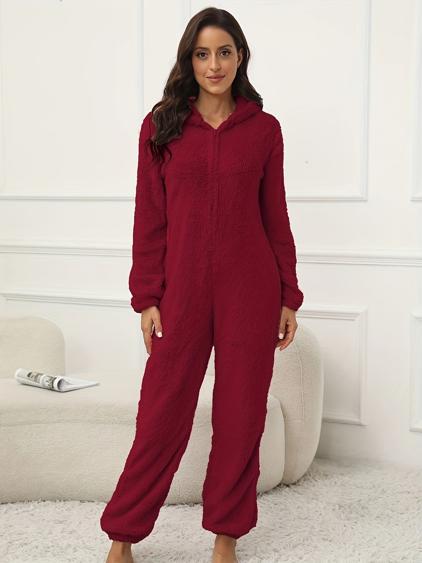 Women Hooded Fuzzy Lounge Jumpsuit