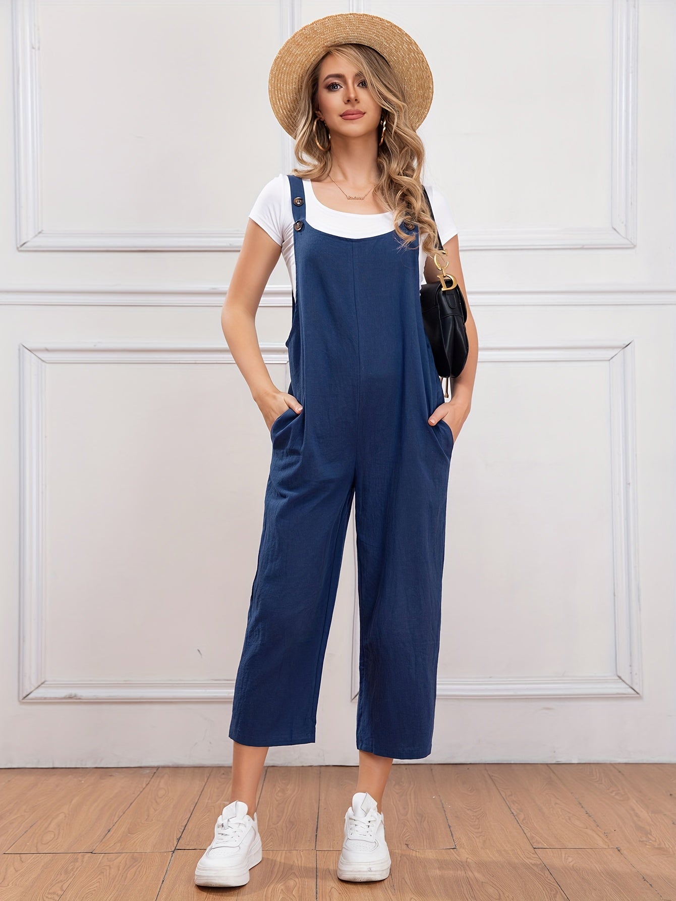 Women Cotton Sleeveless Straight-Leg Jumpsuit