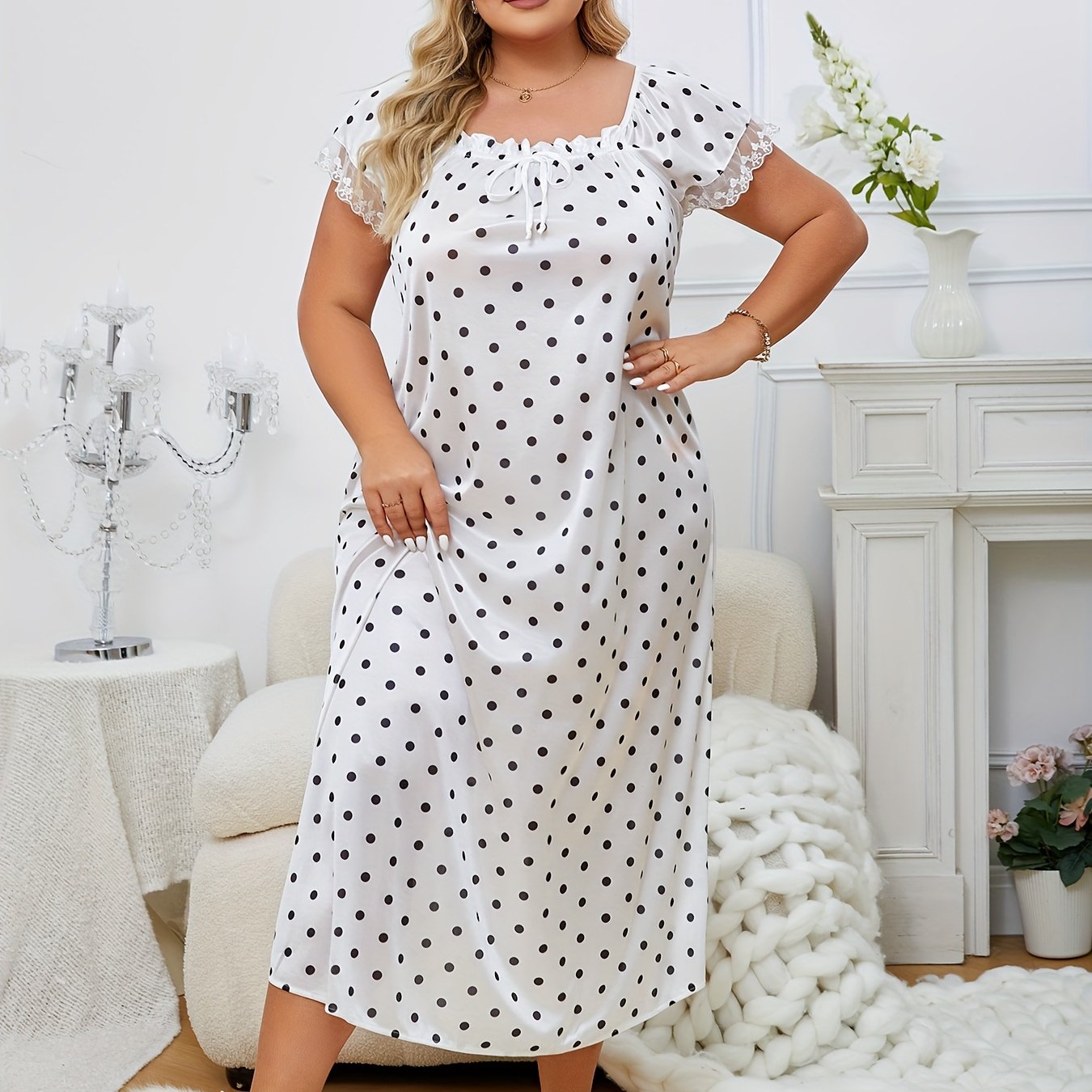 Plus Size Polka Dot Satin Night Dress