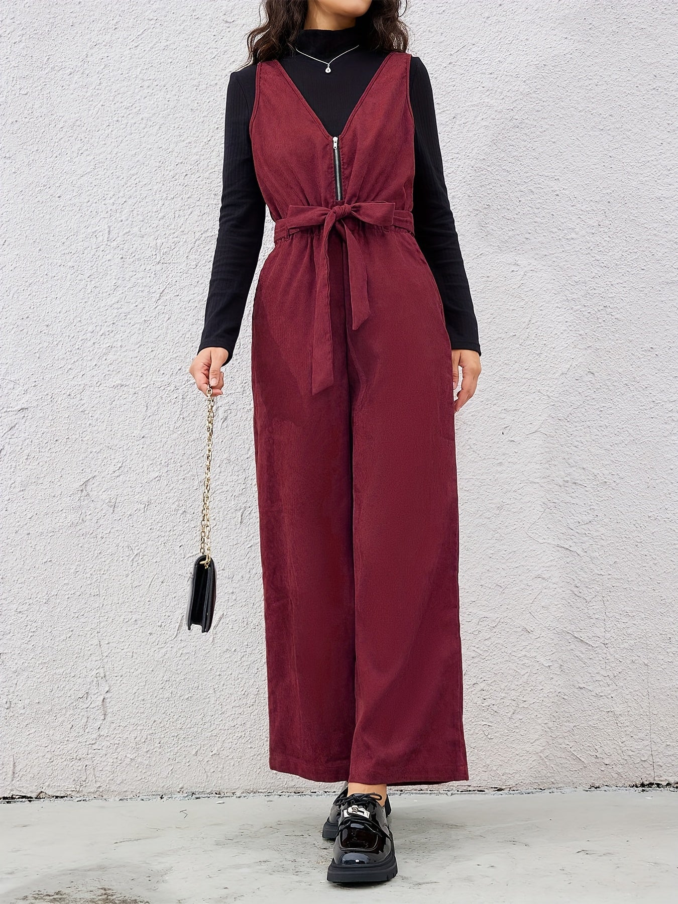 Women Belted V-Neck Zipper Jumpsuit