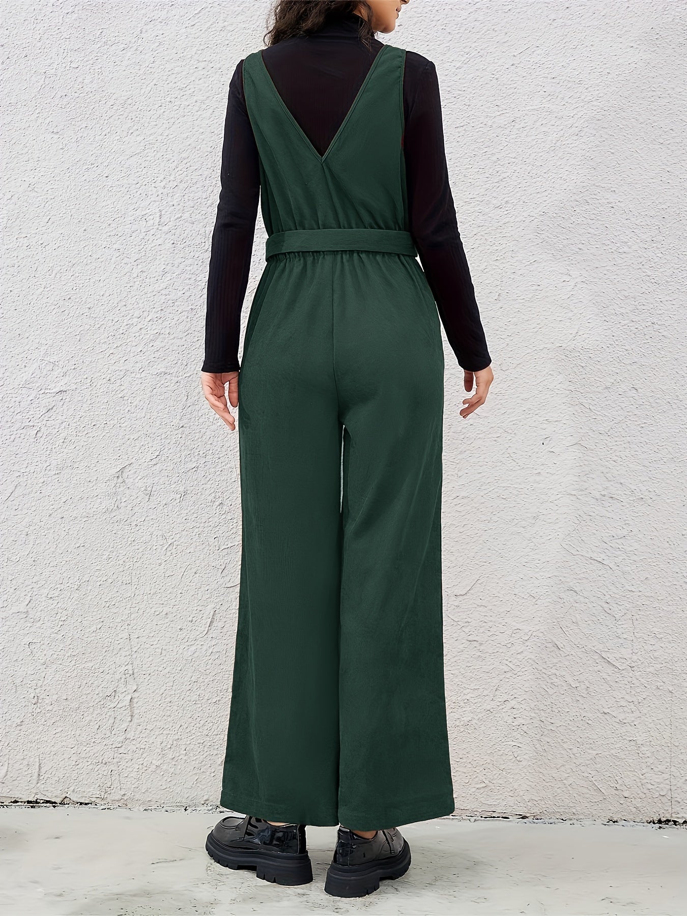 Women Belted V-Neck Zipper Jumpsuit