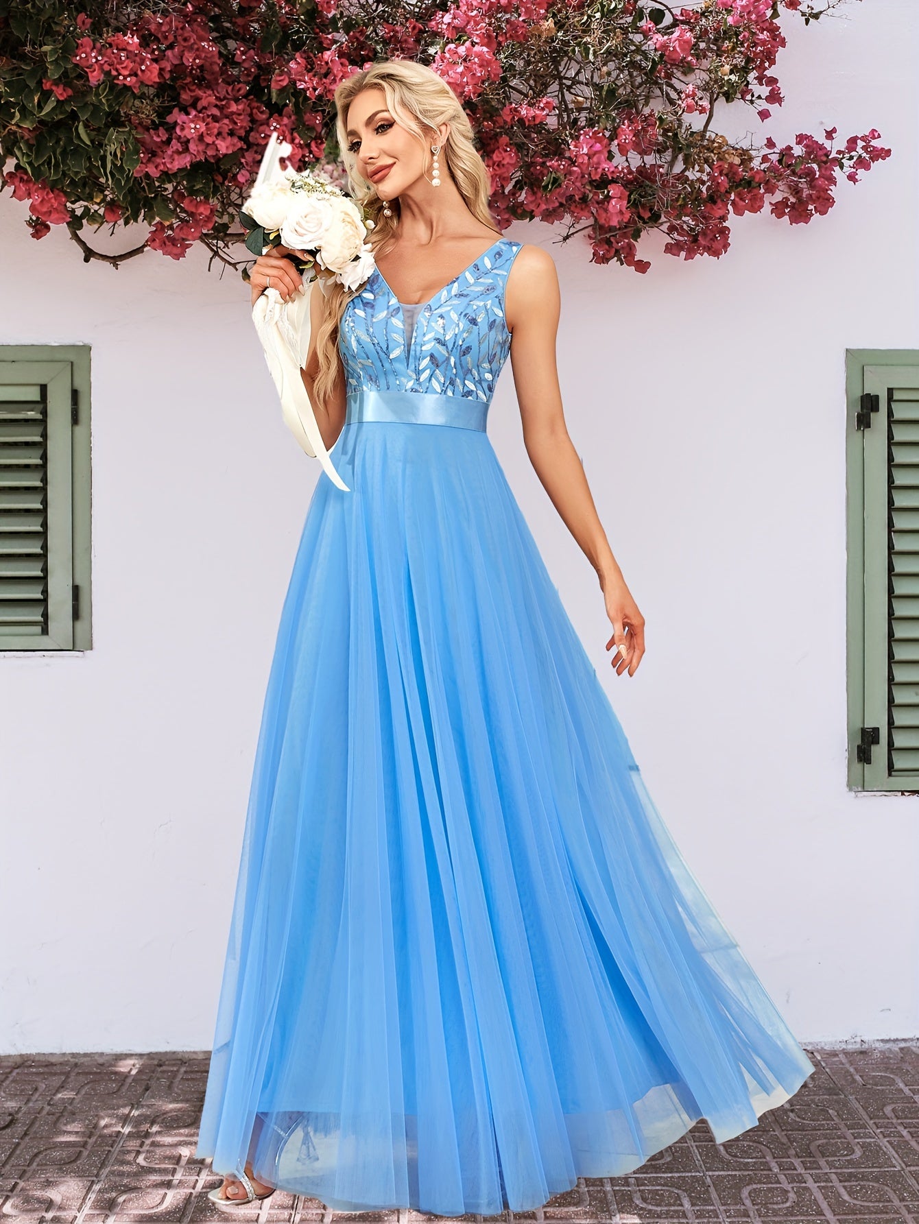 Deep V-Neck Embroidered Tulle Wedding Dress