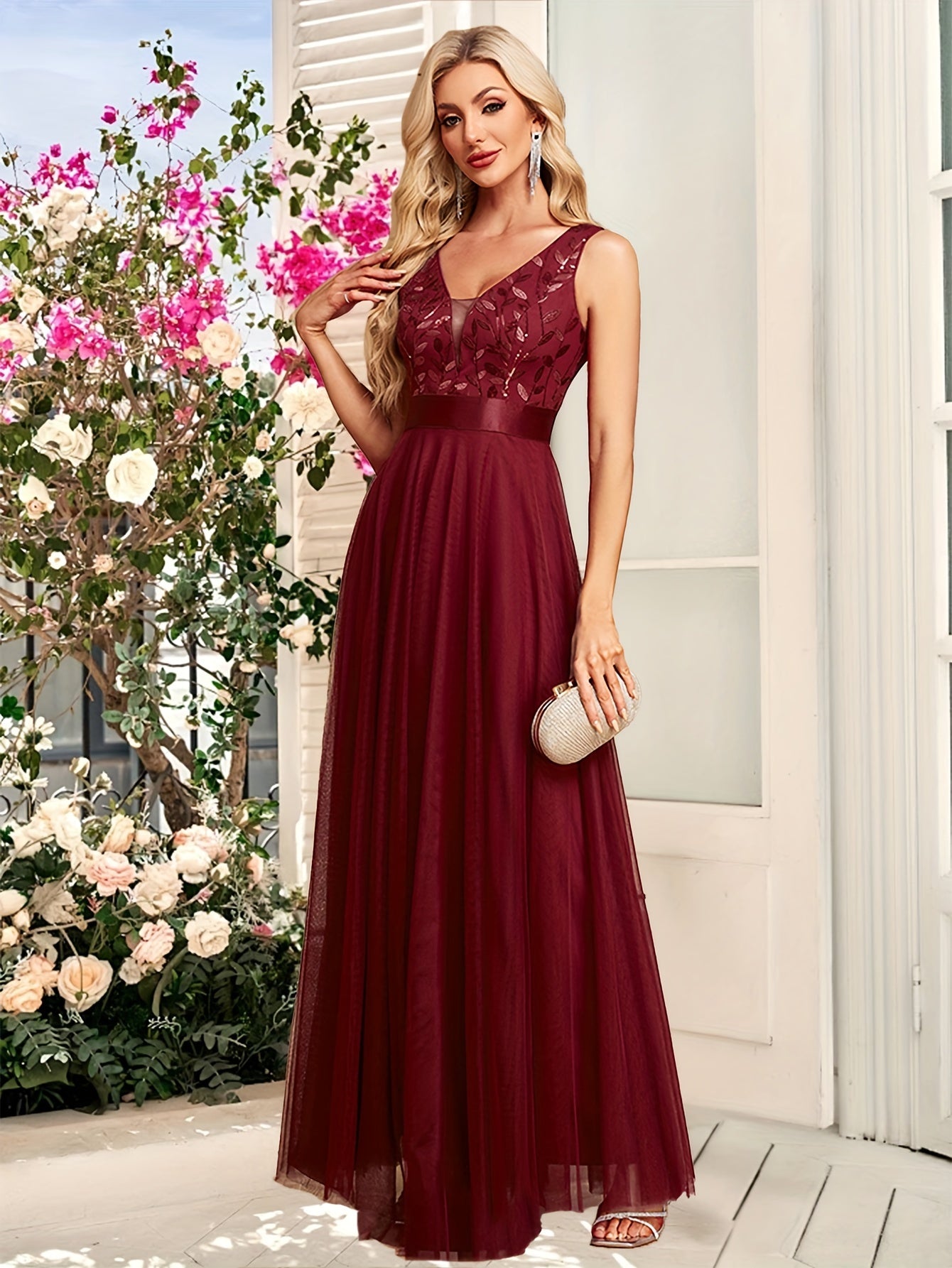 Deep V-Neck Embroidered Tulle Wedding Dress