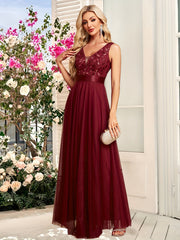 Deep V-Neck Embroidered Tulle Wedding Dress