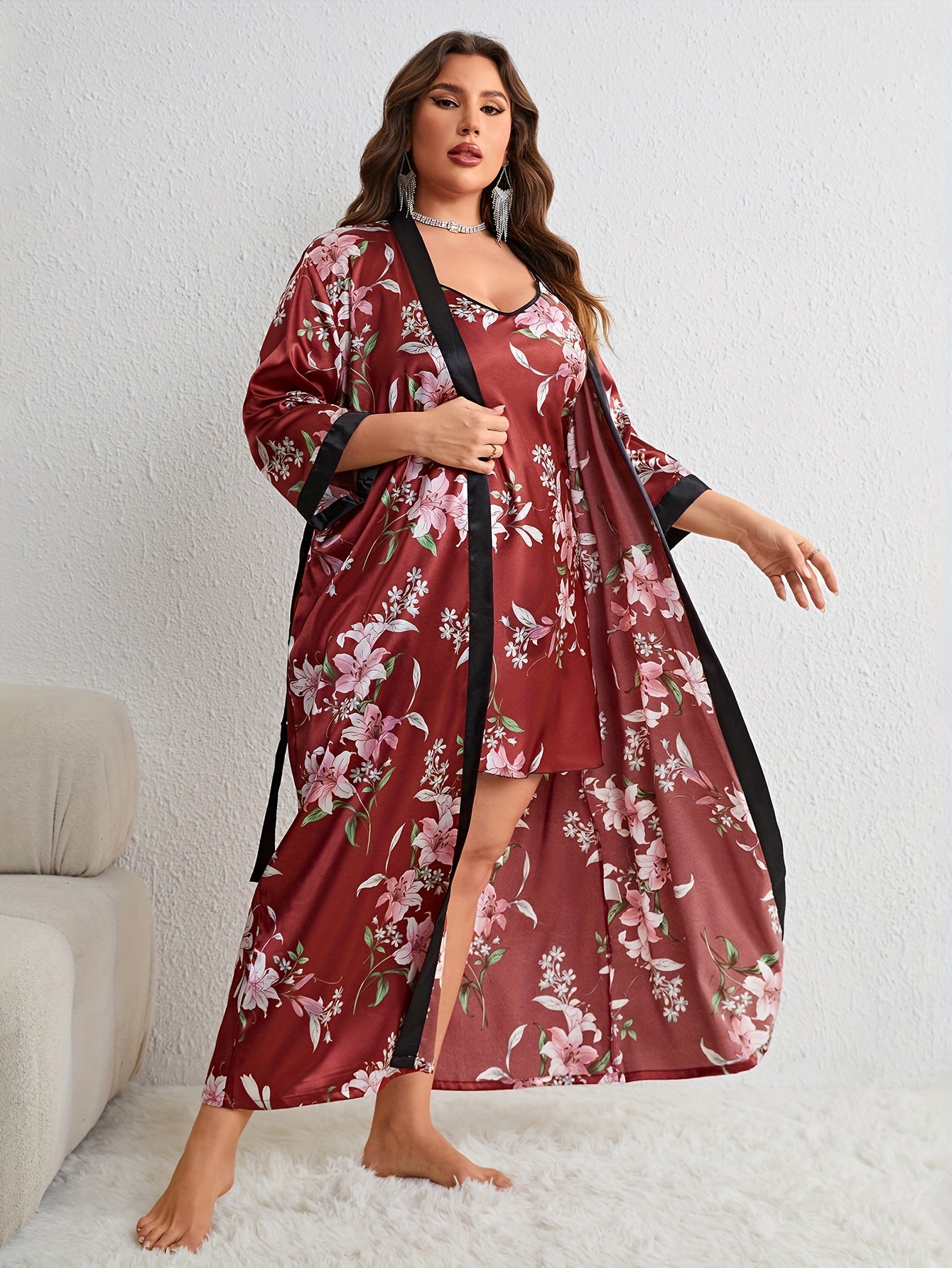 Plus Size Satin Robe and Cami Nightwear Set
