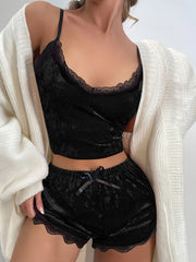 Women Lace Trim Velvet Pajama Set