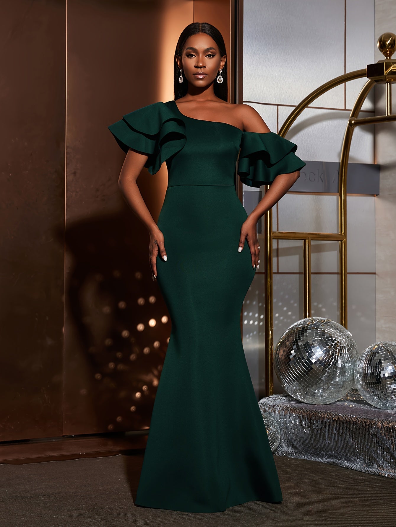 Slant Shoulder Ruffle Wedding Gown