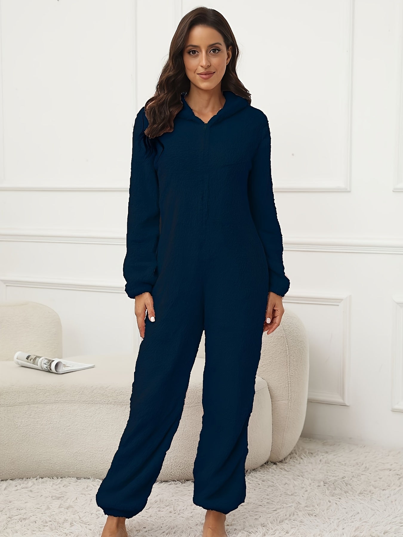 Women Hooded Fuzzy Lounge Jumpsuit