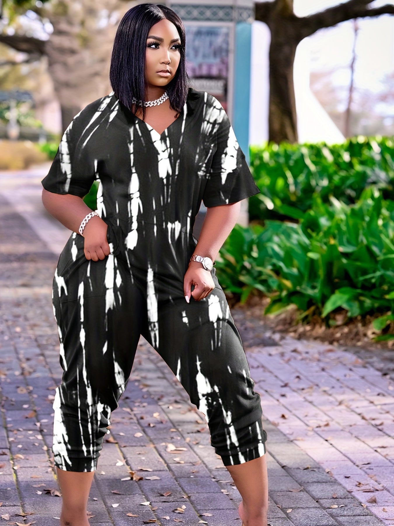 Plus Size Tie-Dye Pocket Jumpsuit