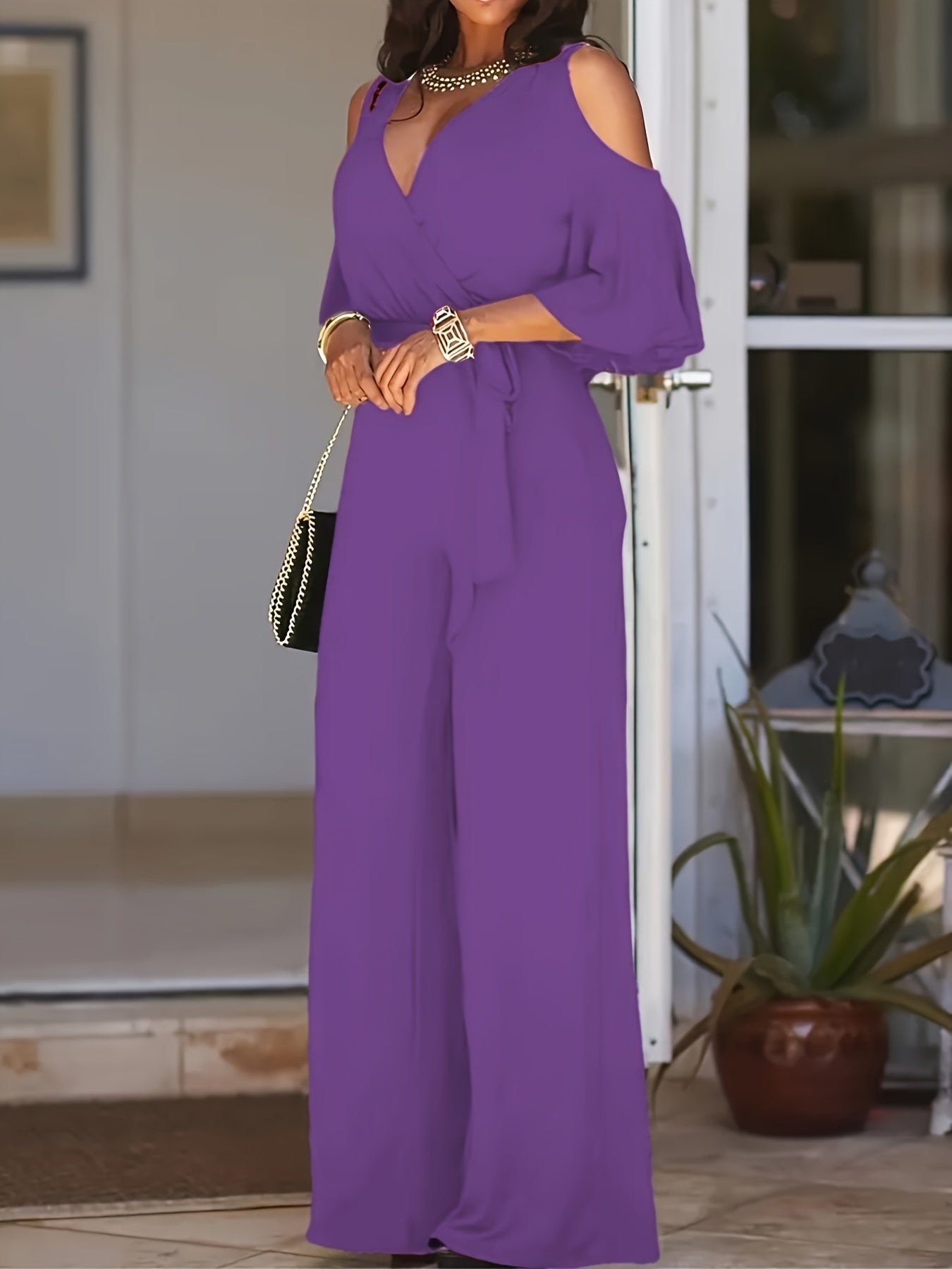 Women Cold Shoulder V-Neck Jumpsuit