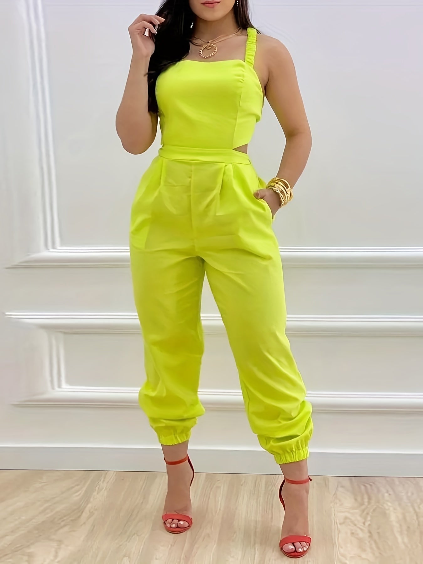 Women Backless Sleeveless Pocket Jumpsuit