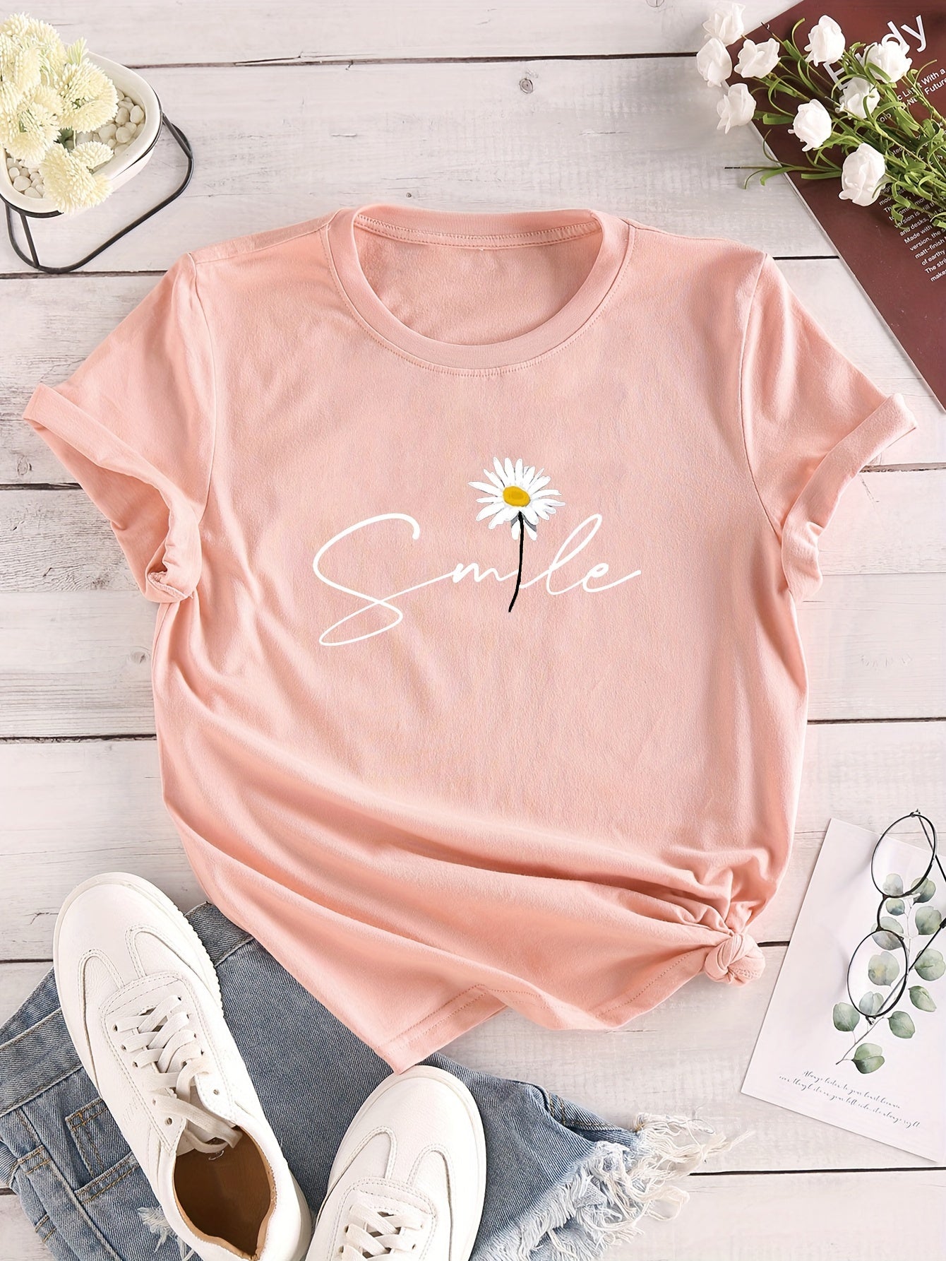 Women’s Floral & Letter Print Crew-Neck T-Shirt