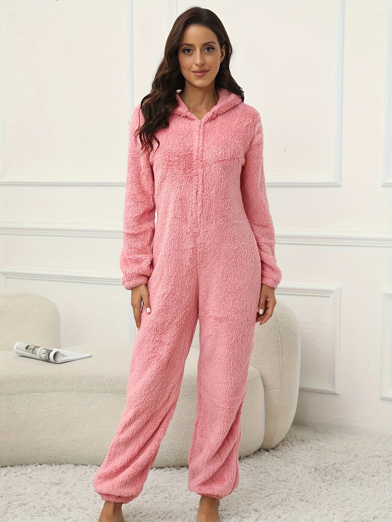 Women Hooded Fuzzy Lounge Jumpsuit
