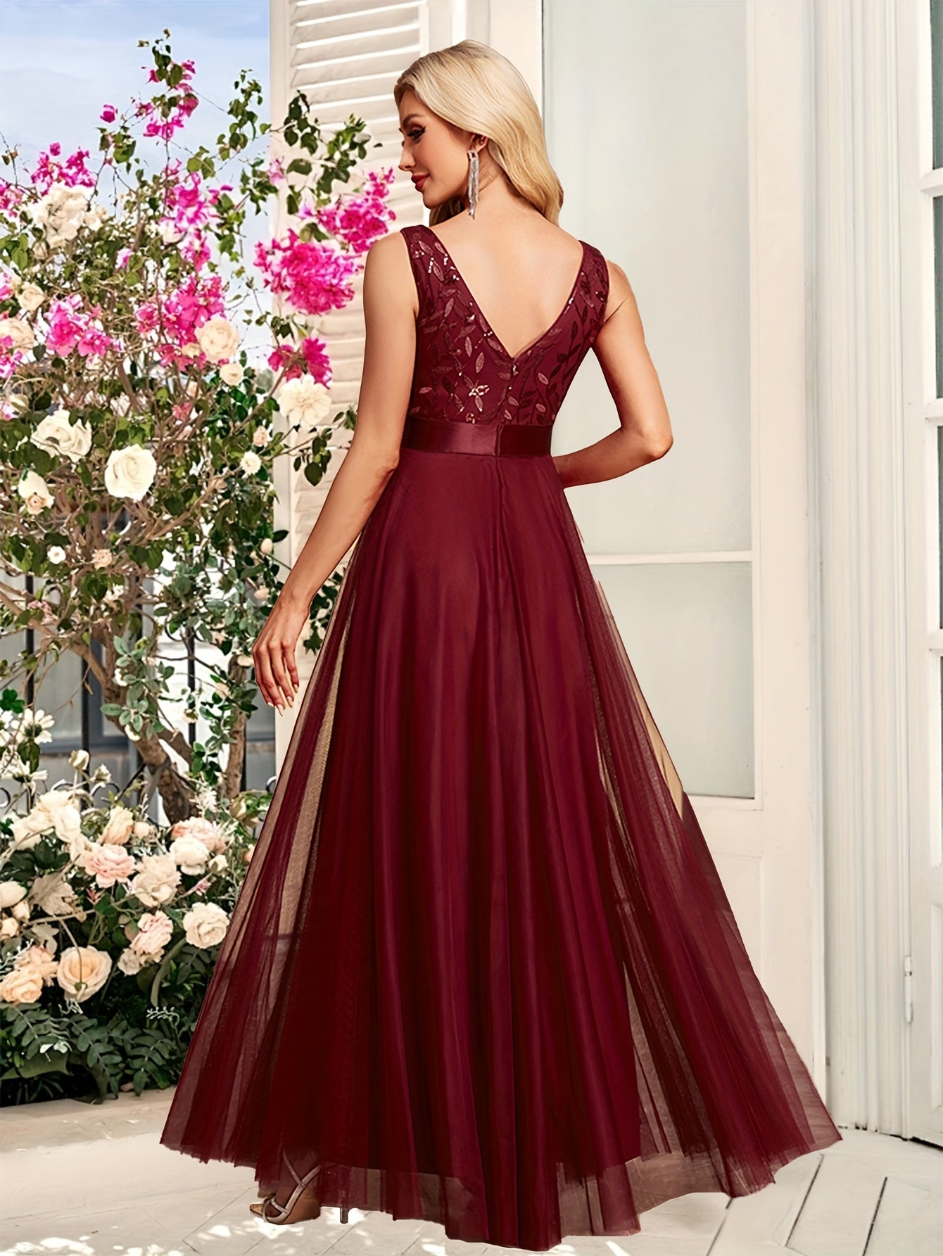 Deep V-Neck Embroidered Tulle Wedding Dress