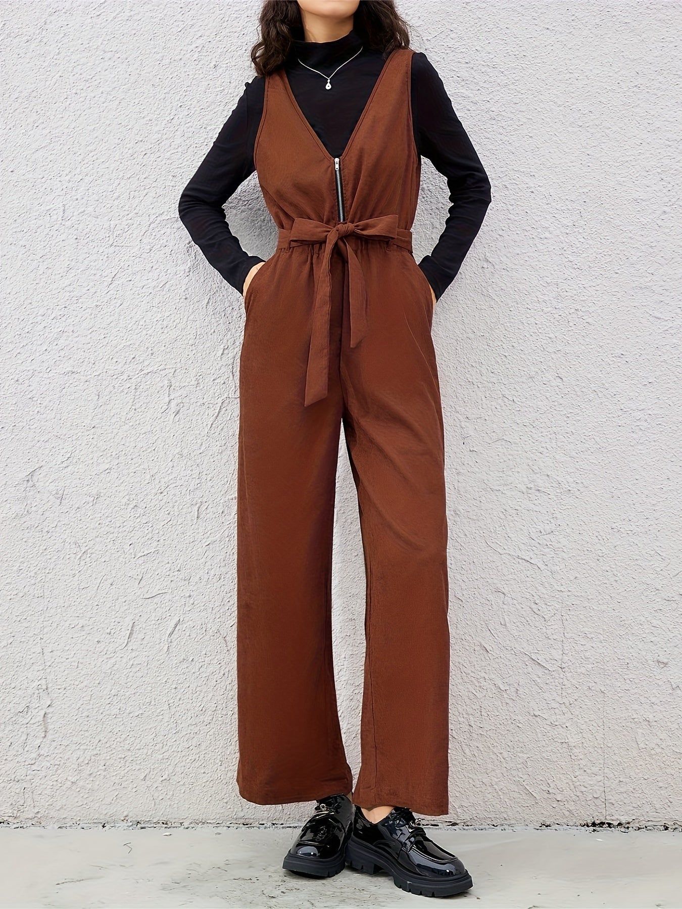 Women Belted V-Neck Zipper Jumpsuit