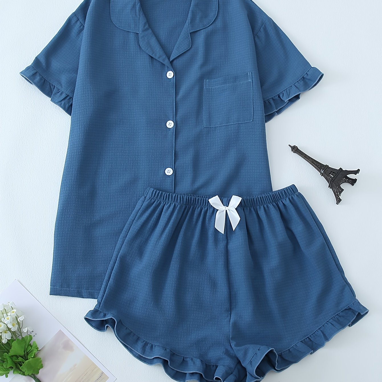 Women Ruffle Hem Pajama Shorts Set