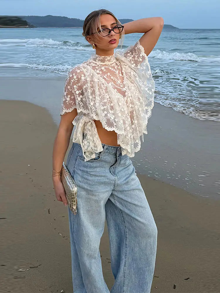 Women's Lace Halter Top Tank Tops Women Top Backless Top Sheer Floral Ruffle Blouse Casual Summer Streetwear Fashion Female Slim