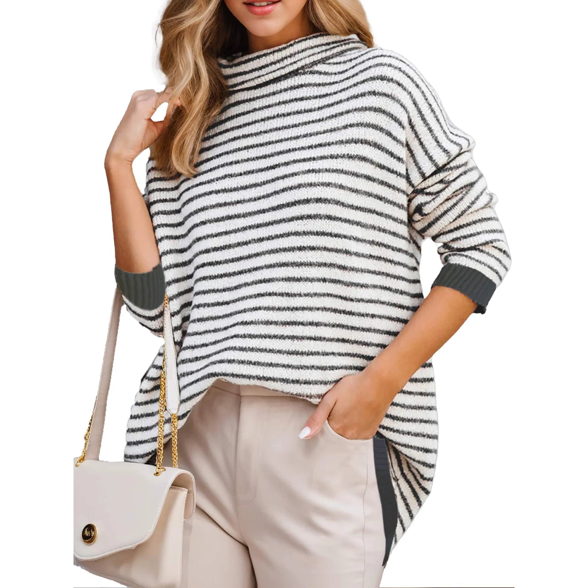 Striped High Neck Knit Pullover