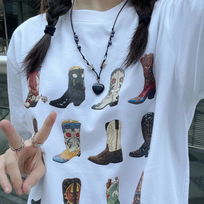 Boot Western T-Shirt Women T Shirt Summer Loose Vintage Boho Texas T Shirt Cowgirl Cowboy Cute Graphic Tees Hippie Tshirts Retro