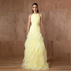 Yellow Halter Satin Evening Gown