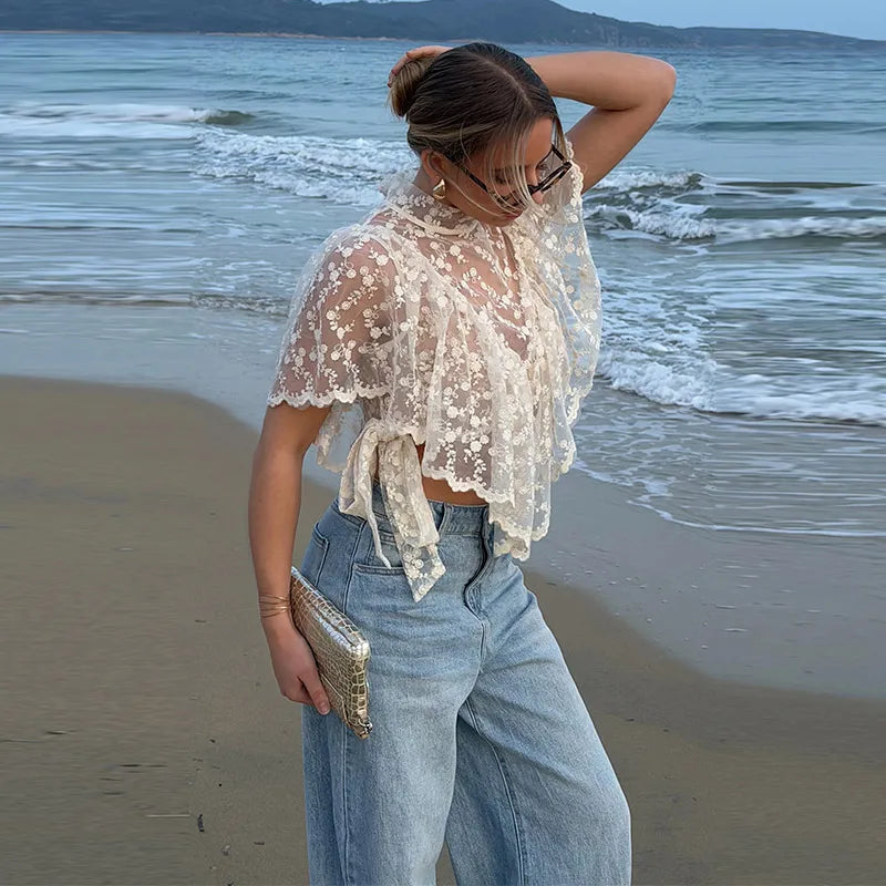 Women's Lace Halter Top Tank Tops Women Top Backless Top Sheer Floral Ruffle Blouse Casual Summer Streetwear Fashion Female Slim