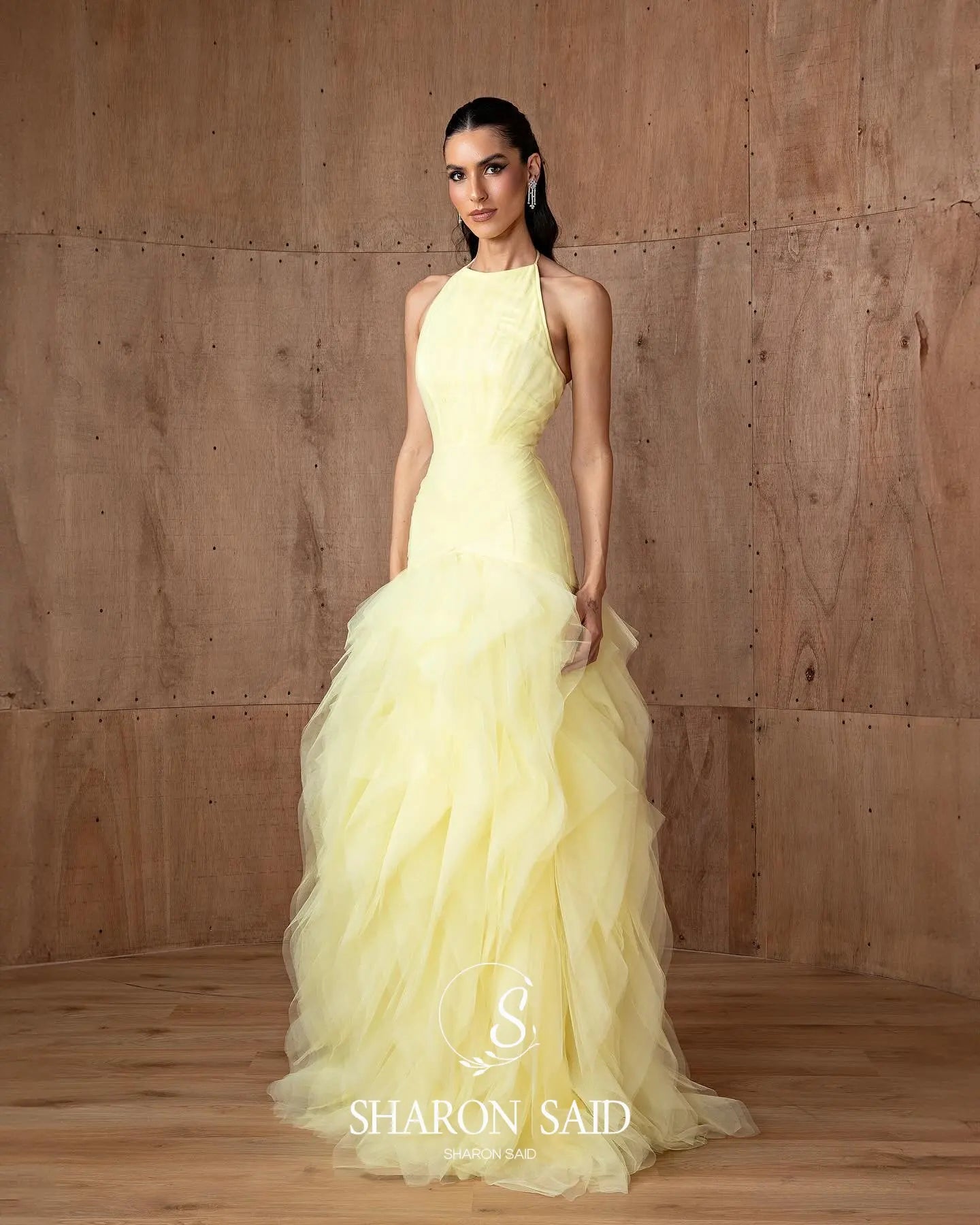 Yellow Halter Satin Evening Gown