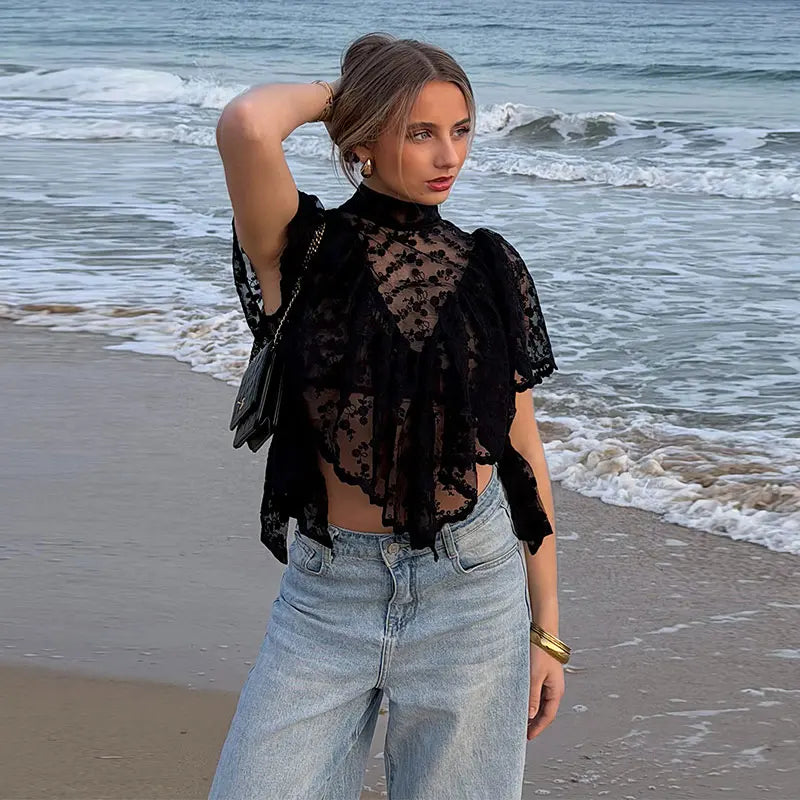 Women's Lace Halter Top Tank Tops Women Top Backless Top Sheer Floral Ruffle Blouse Casual Summer Streetwear Fashion Female Slim