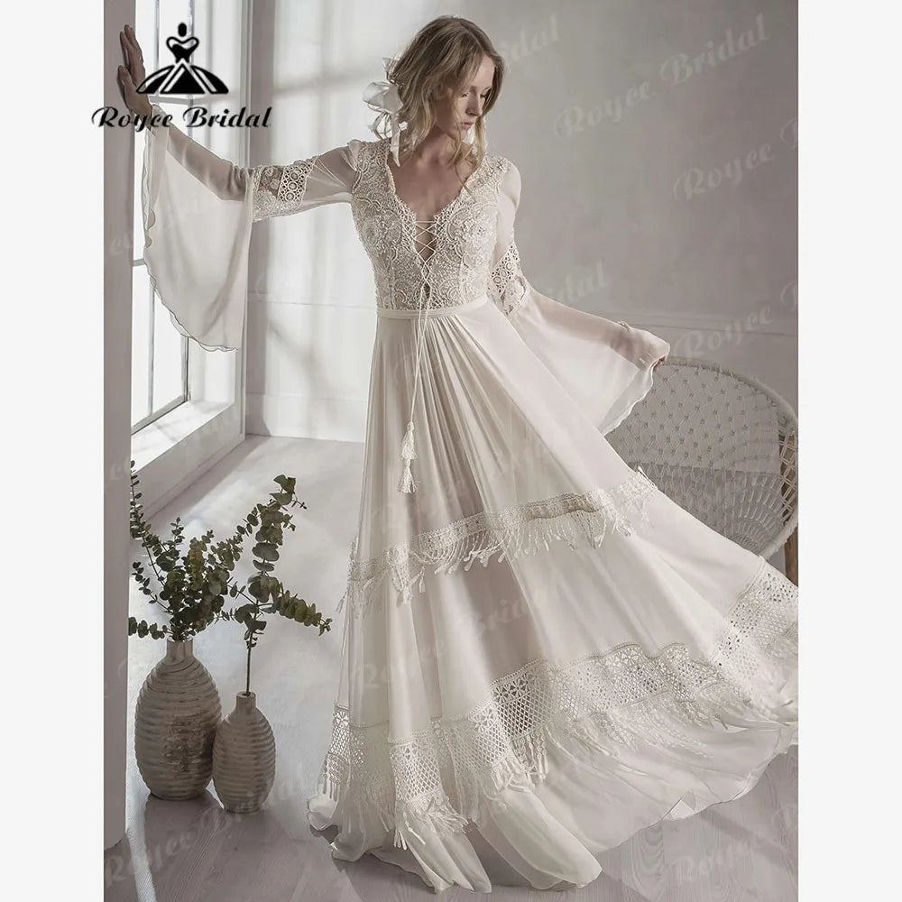 Boho Lace V Neck Wedding Gown