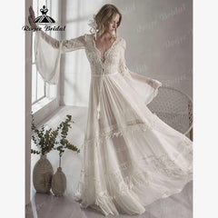 Boho Lace V Neck Wedding Gown
