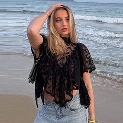 Women's Lace Halter Top Tank Tops Women Top Backless Top Sheer Floral Ruffle Blouse Casual Summer Streetwear Fashion Female Slim
