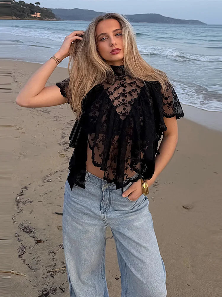 Women's Lace Halter Top Tank Tops Women Top Backless Top Sheer Floral Ruffle Blouse Casual Summer Streetwear Fashion Female Slim