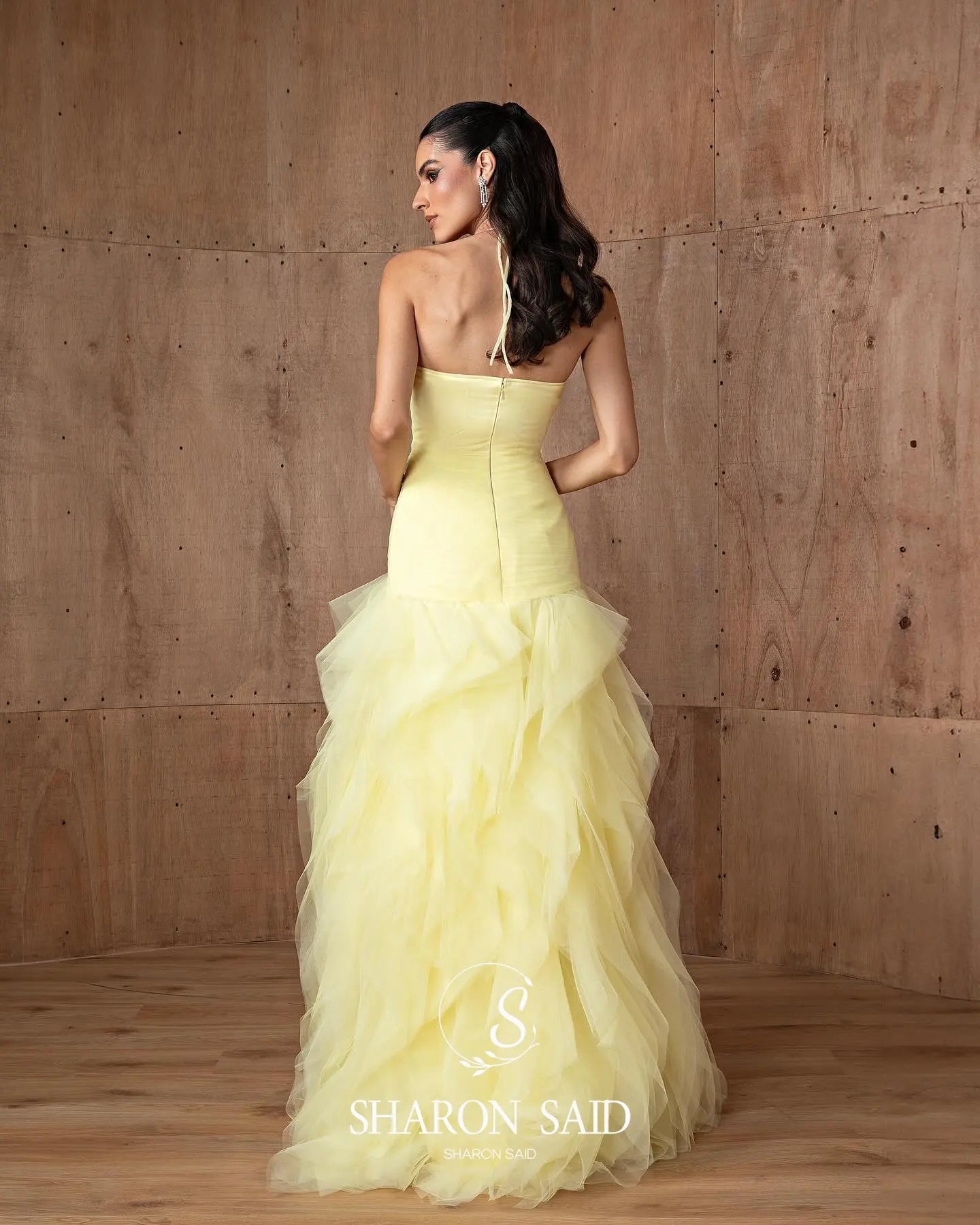 Yellow Halter Satin Evening Gown