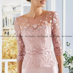 Elegant Wedding Guest Party Gown For Women 3/4 Sleeves Mother Of The Bride Dresses Lace Knee Length Formal Scoop Neck Flower