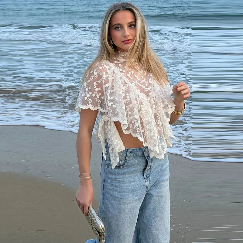 Women's Lace Halter Top Tank Tops Women Top Backless Top Sheer Floral Ruffle Blouse Casual Summer Streetwear Fashion Female Slim