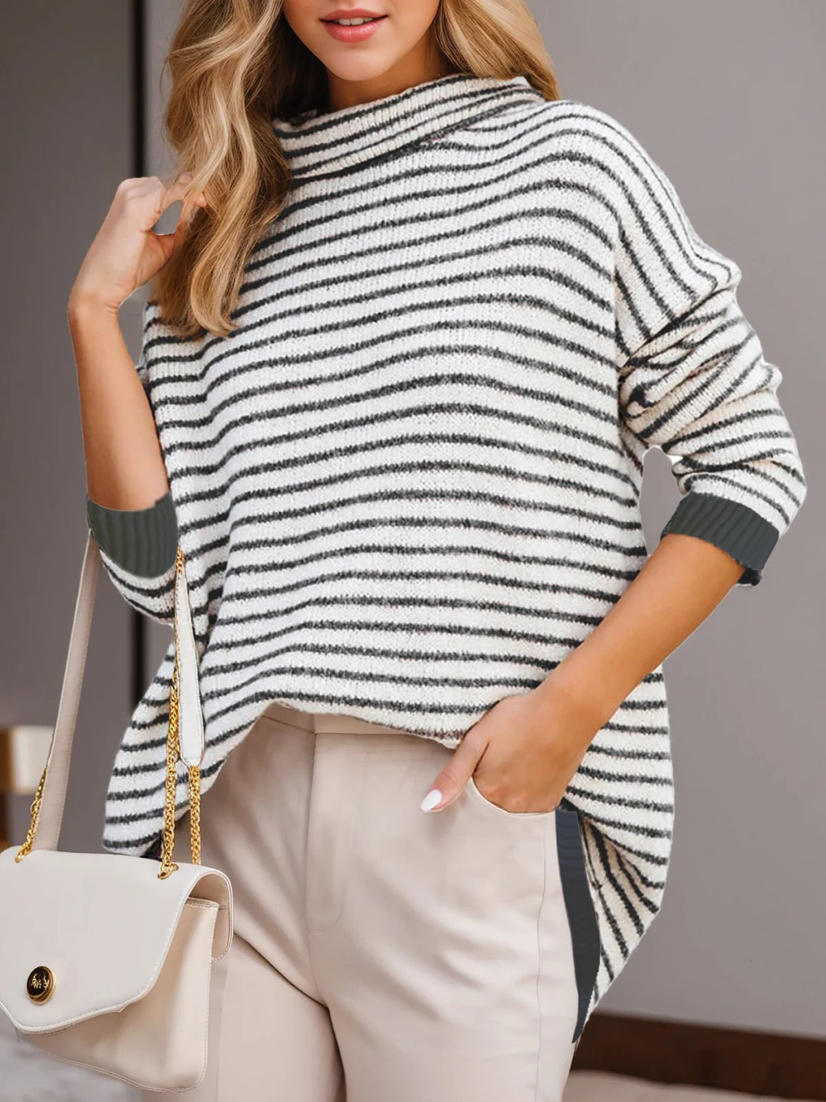 Striped High Neck Knit Pullover