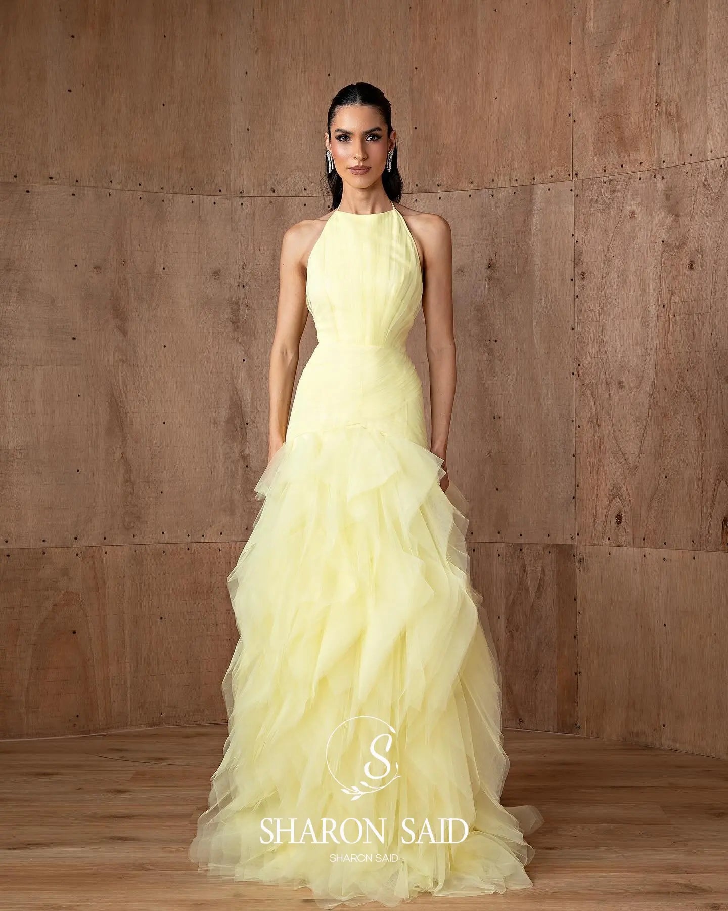 Yellow Halter Satin Evening Gown