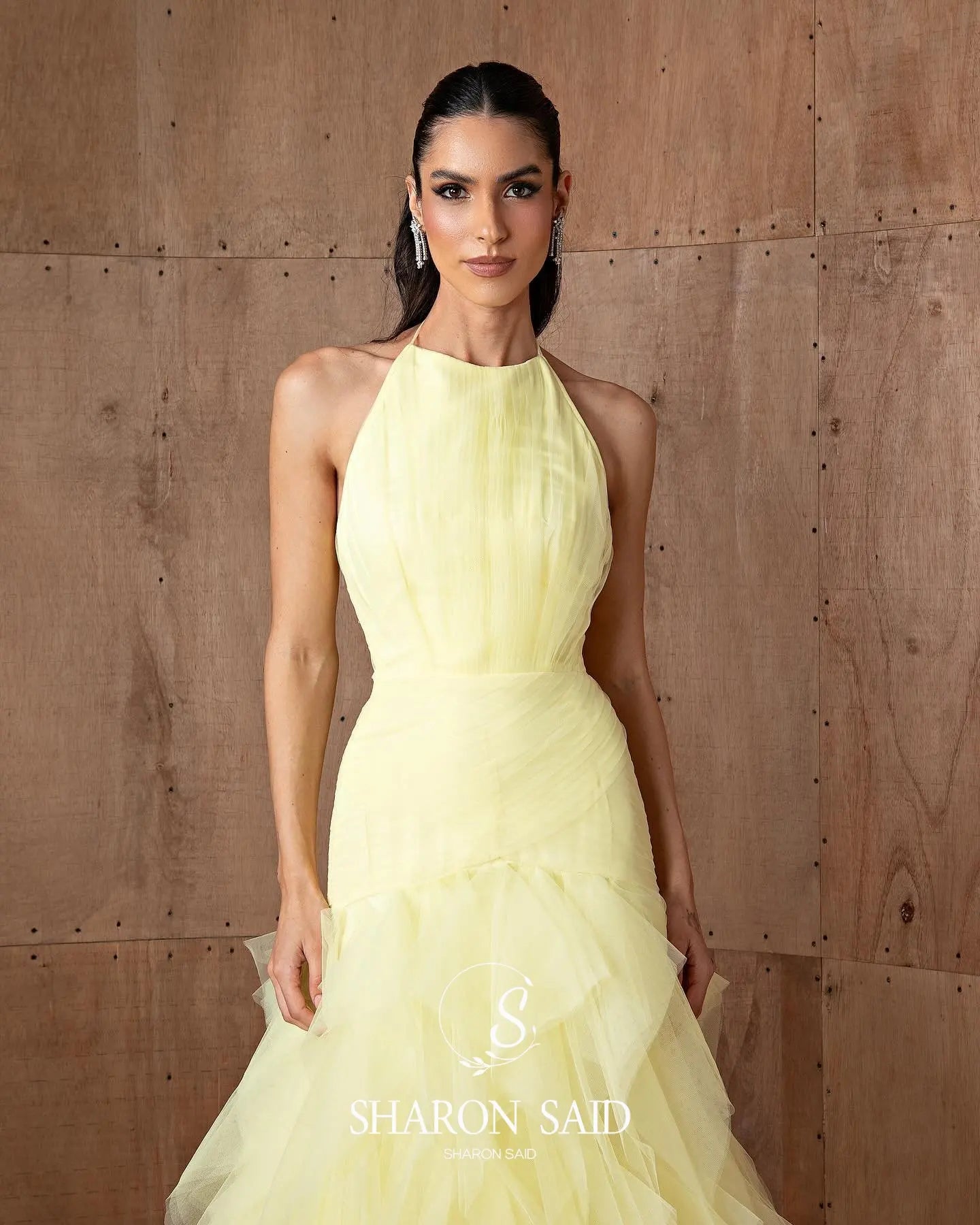 Yellow Halter Satin Evening Gown