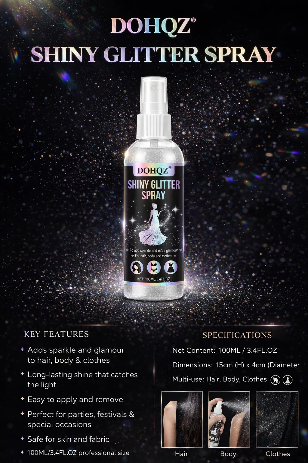 Festival Glitter Spray 100ml Silver Sparkle Body Paint for Weddings, NYE, Costume Party, Stage Performance, SFX Makeup - Washabl