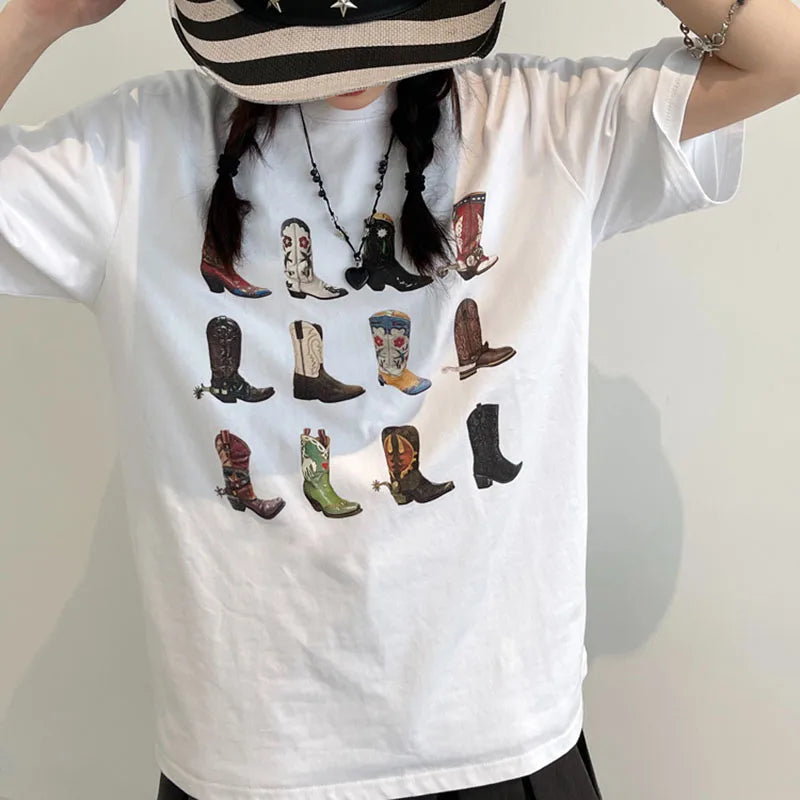Boot Western T-Shirt Women T Shirt Summer Loose Vintage Boho Texas T Shirt Cowgirl Cowboy Cute Graphic Tees Hippie Tshirts Retro