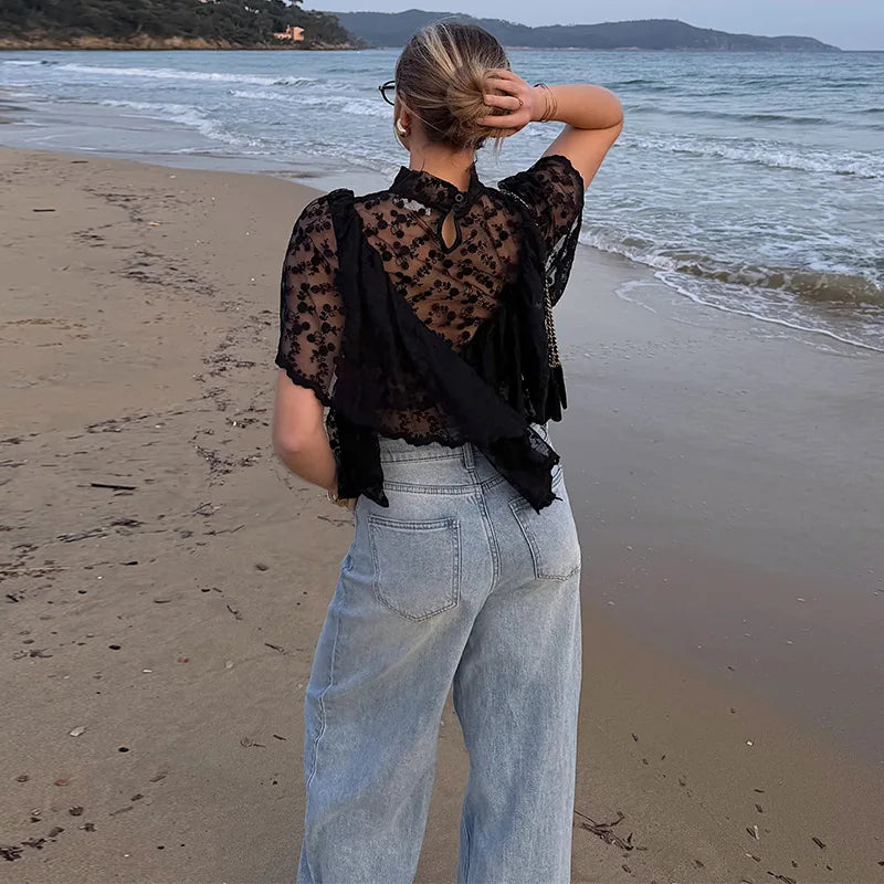 Women's Lace Halter Top Tank Tops Women Top Backless Top Sheer Floral Ruffle Blouse Casual Summer Streetwear Fashion Female Slim