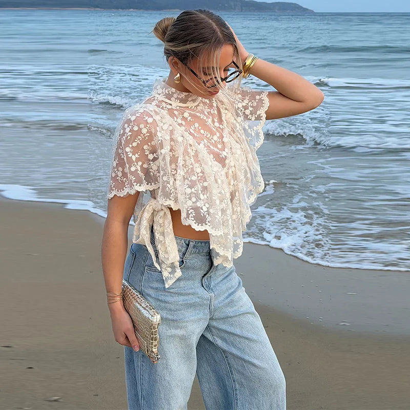 Women's Lace Halter Top Tank Tops Women Top Backless Top Sheer Floral Ruffle Blouse Casual Summer Streetwear Fashion Female Slim
