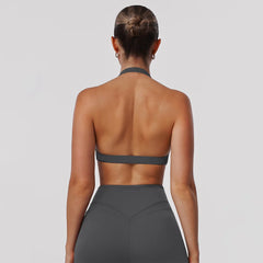 Women Fitness Gym Bra Twist Halter Backless Training Top Wear V-Neck Padded Solid Color Yoga Casual Sporty Bra
