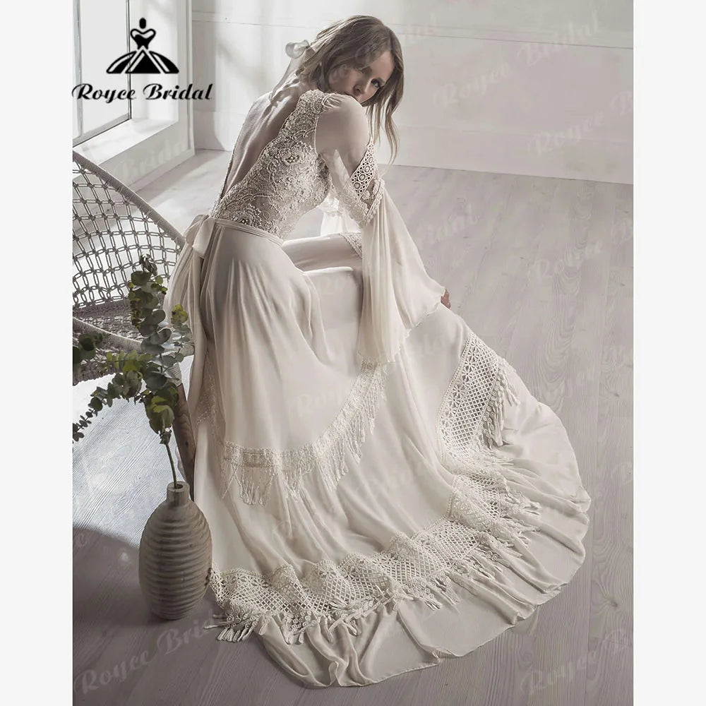 Boho Lace V Neck Wedding Gown