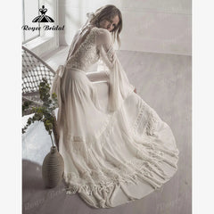 Boho Lace V Neck Wedding Gown