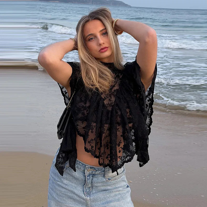 Women's Lace Halter Top Tank Tops Women Top Backless Top Sheer Floral Ruffle Blouse Casual Summer Streetwear Fashion Female Slim