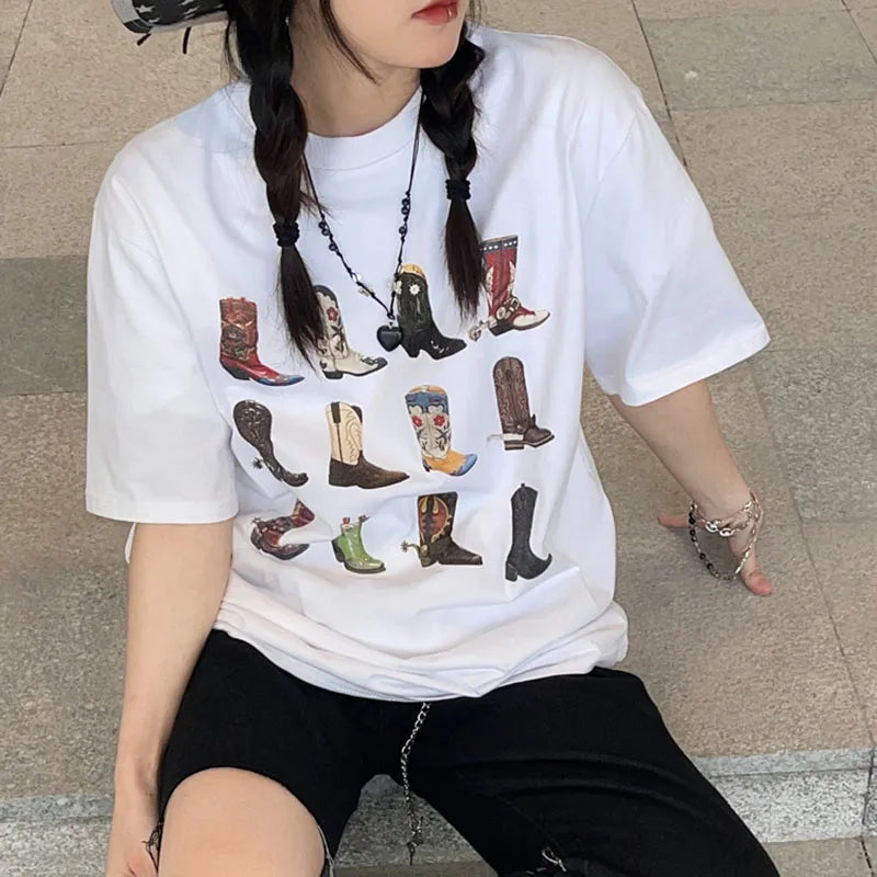 Boot Western T-Shirt Women T Shirt Summer Loose Vintage Boho Texas T Shirt Cowgirl Cowboy Cute Graphic Tees Hippie Tshirts Retro