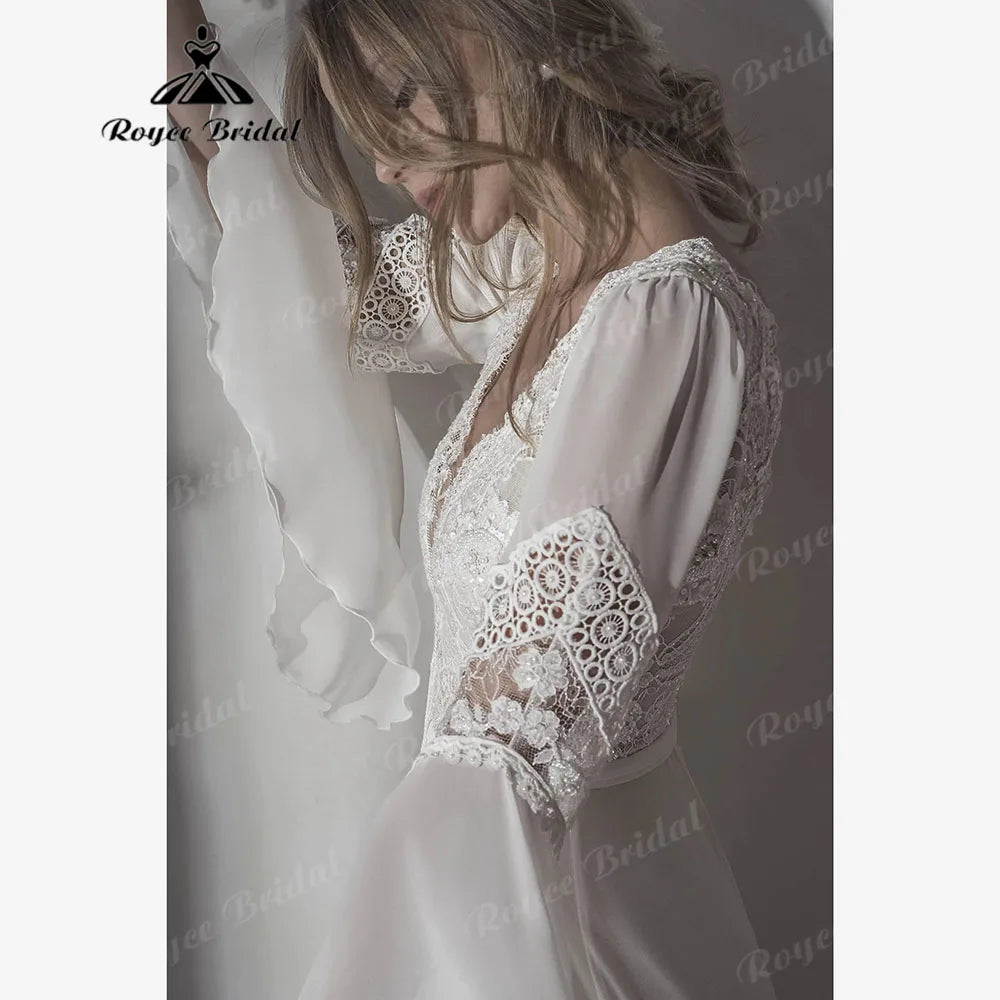 Boho Lace V Neck Wedding Gown